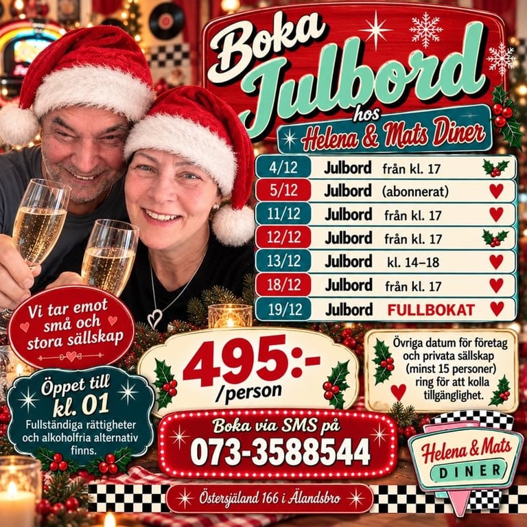 Christmas dinner promotion poster for Boka Julbord at Helona & Mats Diner, showing festive couple with dates and prices for Swedish holiday buffet