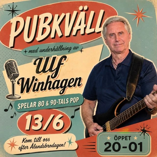 Vintage-style retro poster for a Swedish pub event featuring musician Uulf Winhagen with guitar, advertising 80s and 90s pop music on June 13