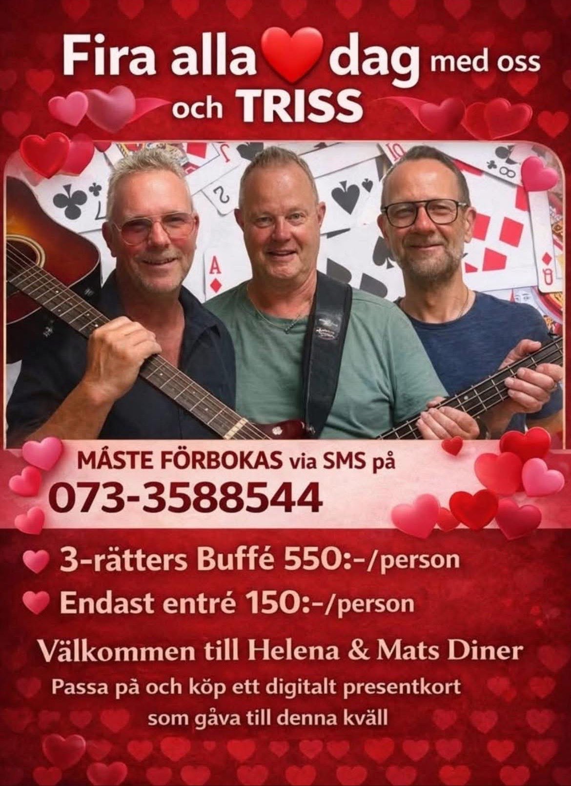 Three men with guitars on Valentines Day flyer in Swedish for Helena & Mats Dinner event with booking number and pricing details
