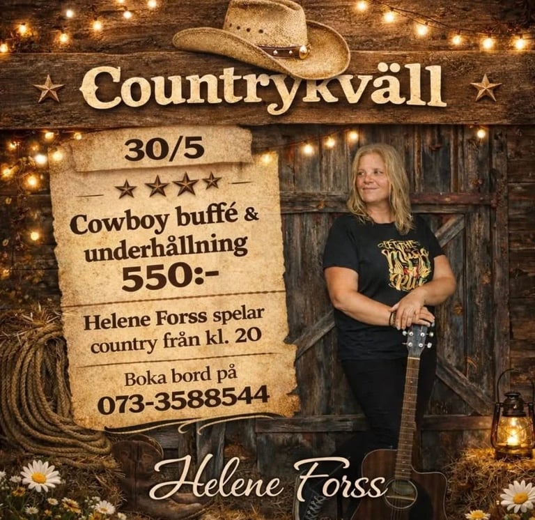 Countrykväll event poster featuring Helene Forss with cowboy buffet and entertainment on May 30th