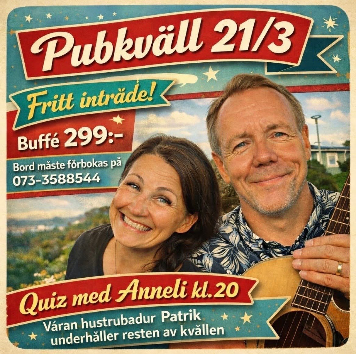 Vintage Swedish pub poster featuring a smiling man and woman, advertising a buffet for 299 and a quiz event with musician Anneli