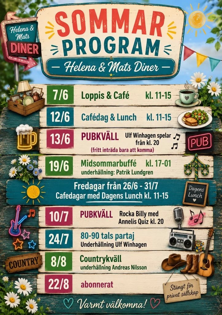 Summer program schedule for Helena & Mats Diner featuring events from June to August including dinners, cafes, and concerts with dates and times
