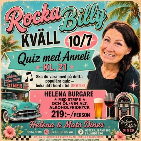 Retro-style poster advertising Rockabilly Night on 10/7 at Helena & Mats Diner, featuring quiz, food, and live entertainment