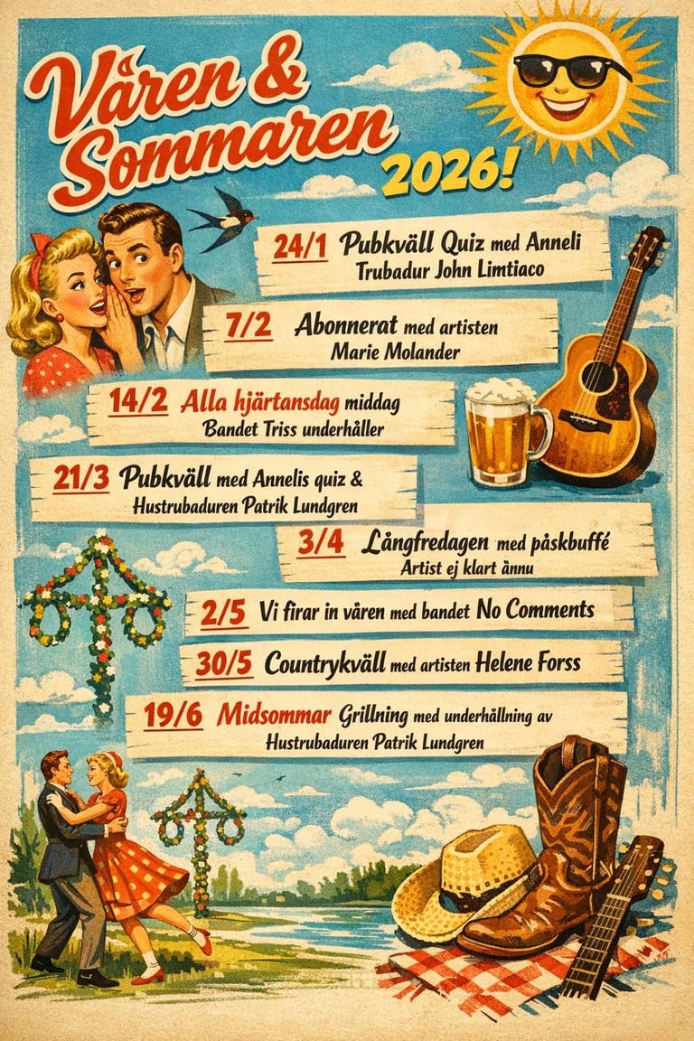 Vintage spring and summer 2026 event poster with retro illustrations, featuring a smiling sun, couples, and folk festival activities scheduled from January to June