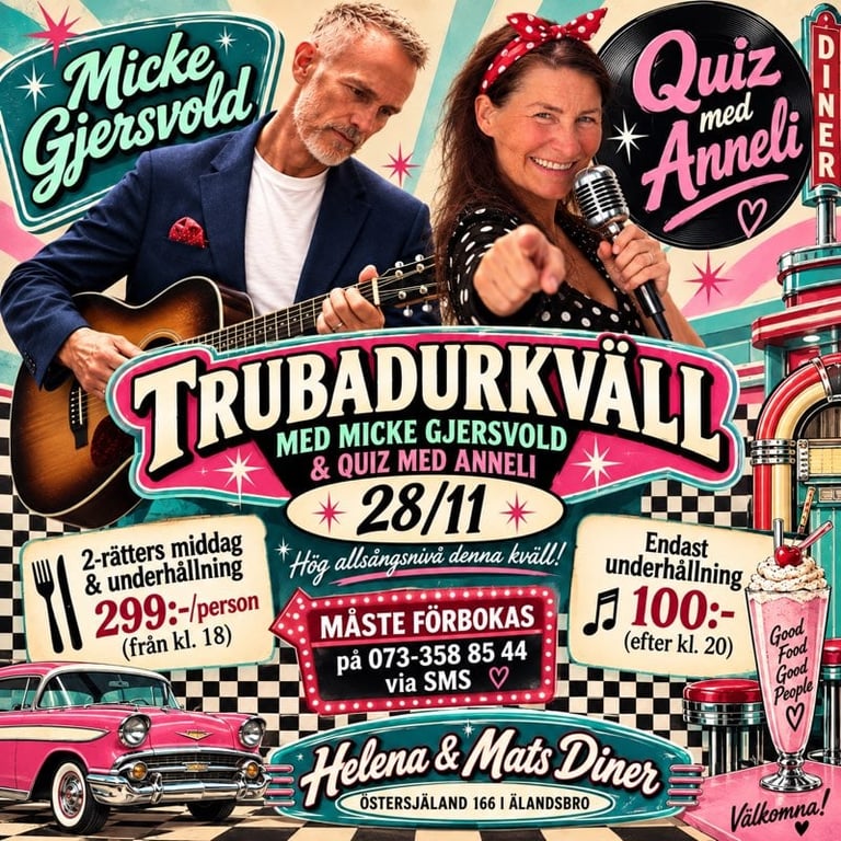 Retro 1950s style poster for Trubadurkvall event featuring Micke Gjersvold and Quiz med Anneli at Helena & Mais Diner on 28/11