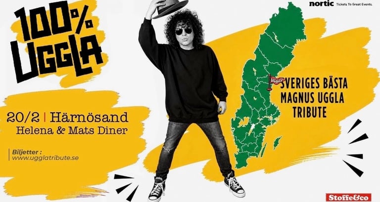 100% Uggla tribute poster featuring person in black clothing against yellow and green Swedish map design