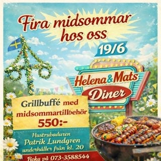 Vintage Swedish summer promotion poster for Helena and Mats Diner featuring grill buffet with midsummer wreath decoration and pricing details