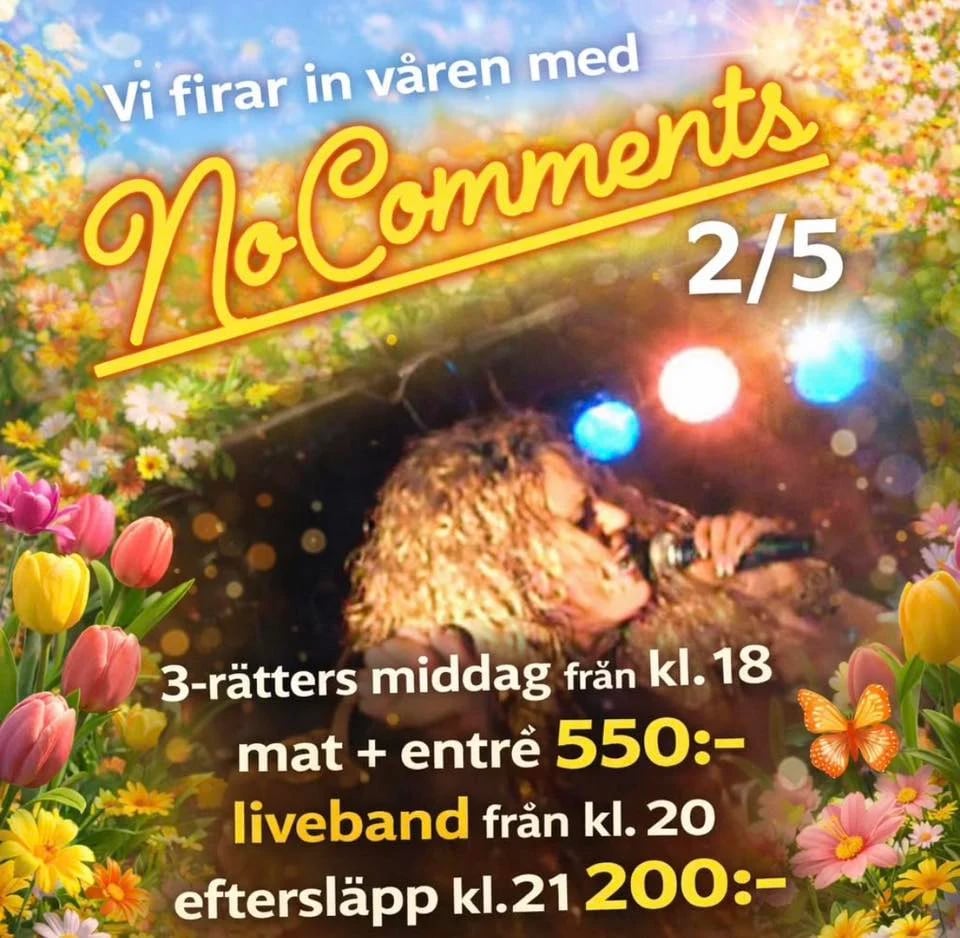 Swedish festival poster for NoComments 2/5 featuring performers, flowers, and event details with ticket prices