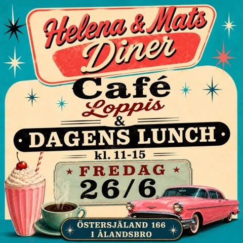 Retro diner poster for Helena & Mats Diner advertising cafe and lunch on Friday June 26 with vintage pink car and milkshake