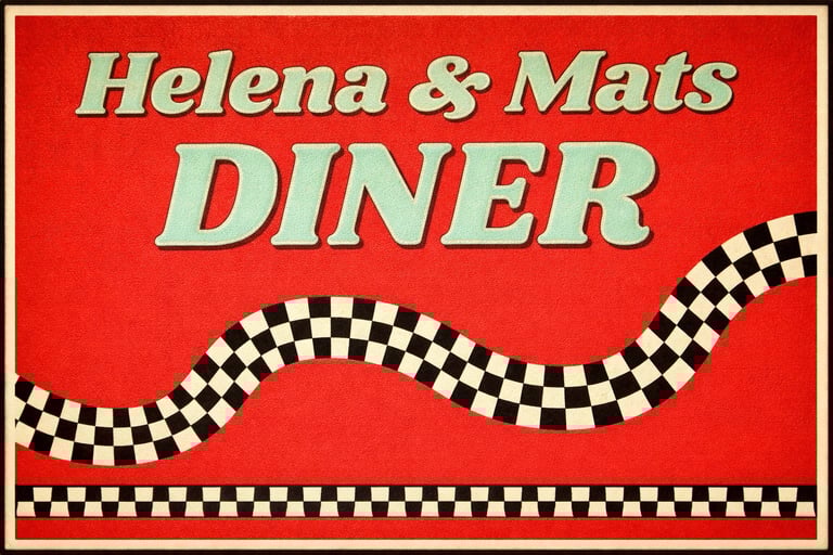 Retro red diner sign for Helena & Mats Diner with cream-colored lettering and black and white checkered wave design