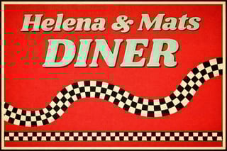 Retro diner sign for Helena and Mats Diner with red background and black and white checkered pattern design