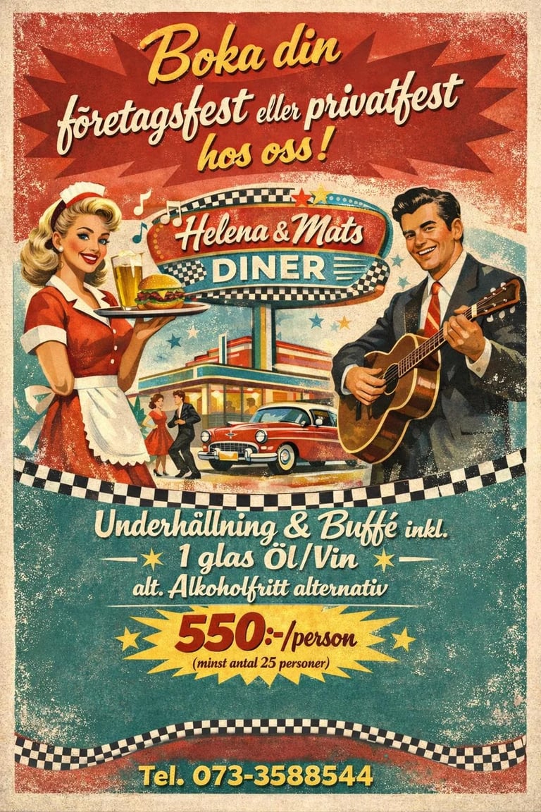 Vintage 1950s retro diner advertisement poster for Helena & Mats Diner featuring a waitress and man with guitar