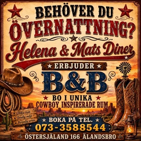 Vintage western-style poster advertising Helena and Mais Diner bed and breakfast with cowboy rum promotion and phone number