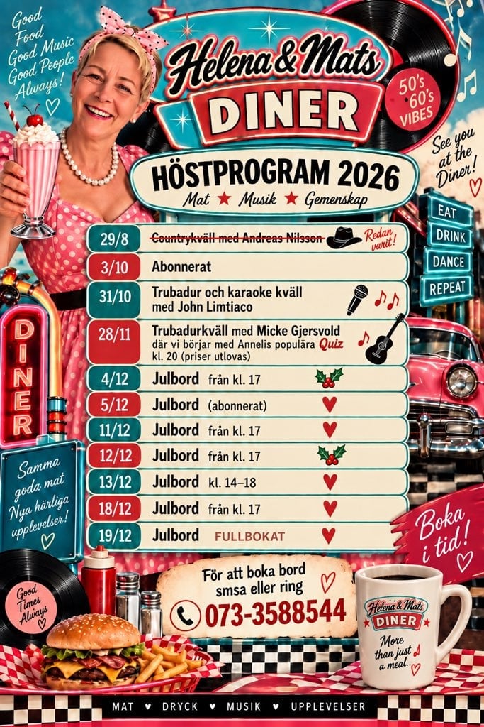 Helena and Mats Diner retro 1950s style poster featuring a blonde woman with pink accessories and a schedule of events and performances for 2026.