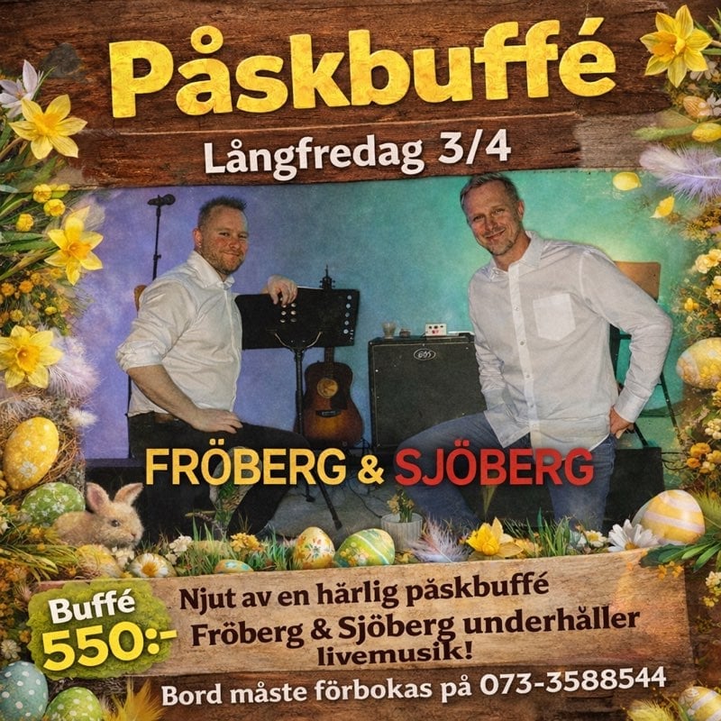 Easter buffet advertisement featuring Froberg and Sjoberg with musical equipment, decorated with spring flowers and eggs